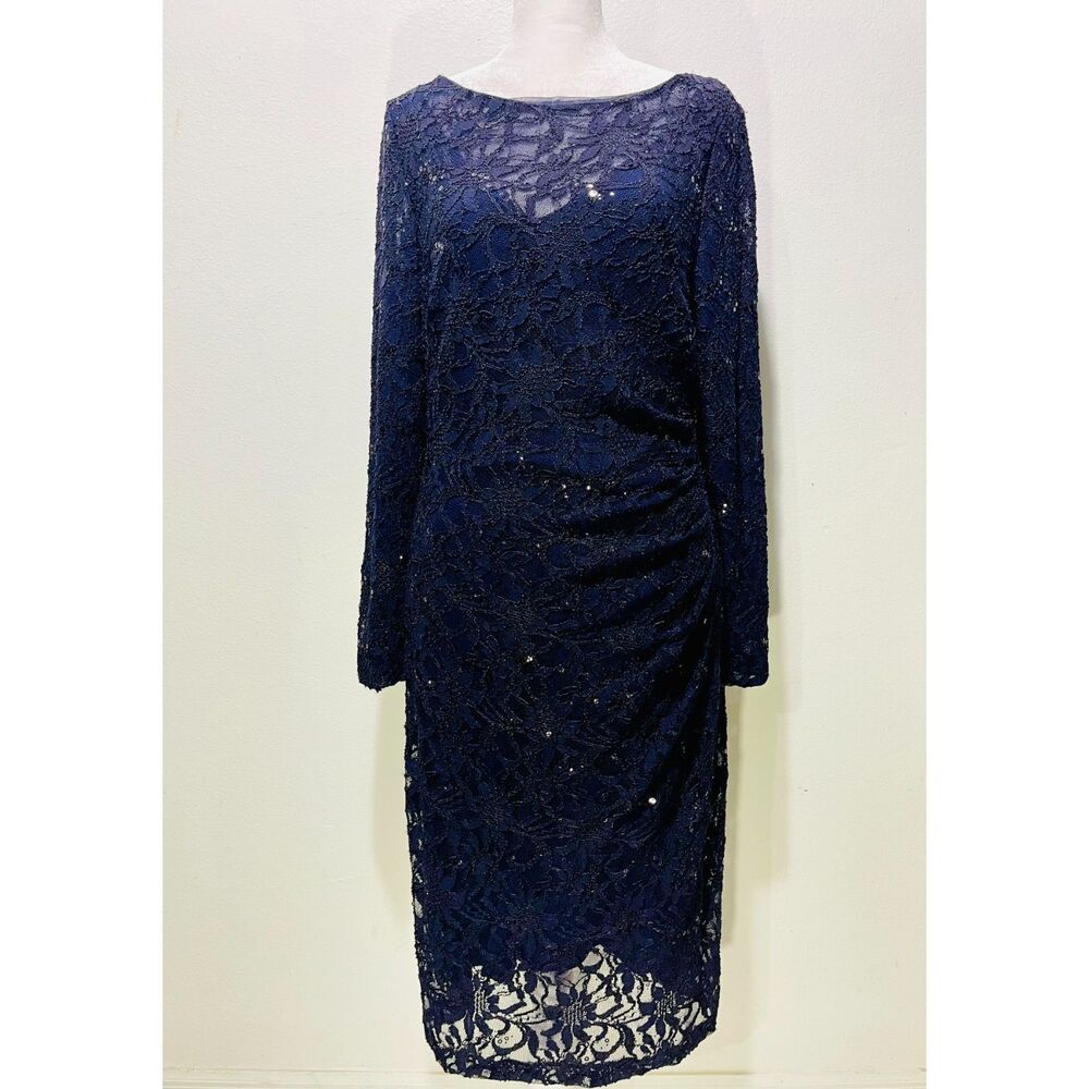 lauren Ralph lauren wrap dress lace sequins blue festive wedding guest women 12